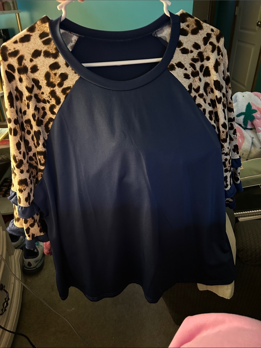 Navy Raglan Top with Leopard-Print Sleeves